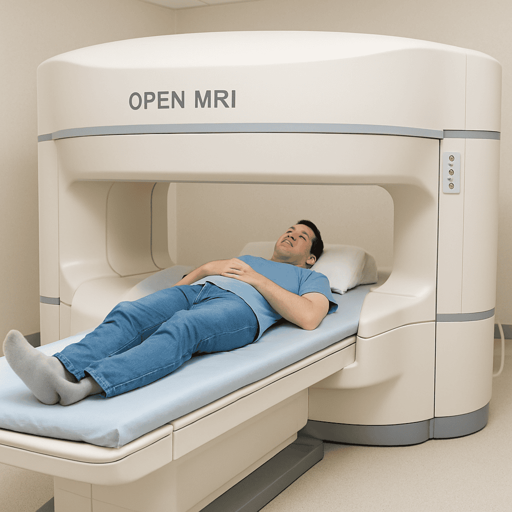 An image of a man in blue laying inside of an Open MRI machine.